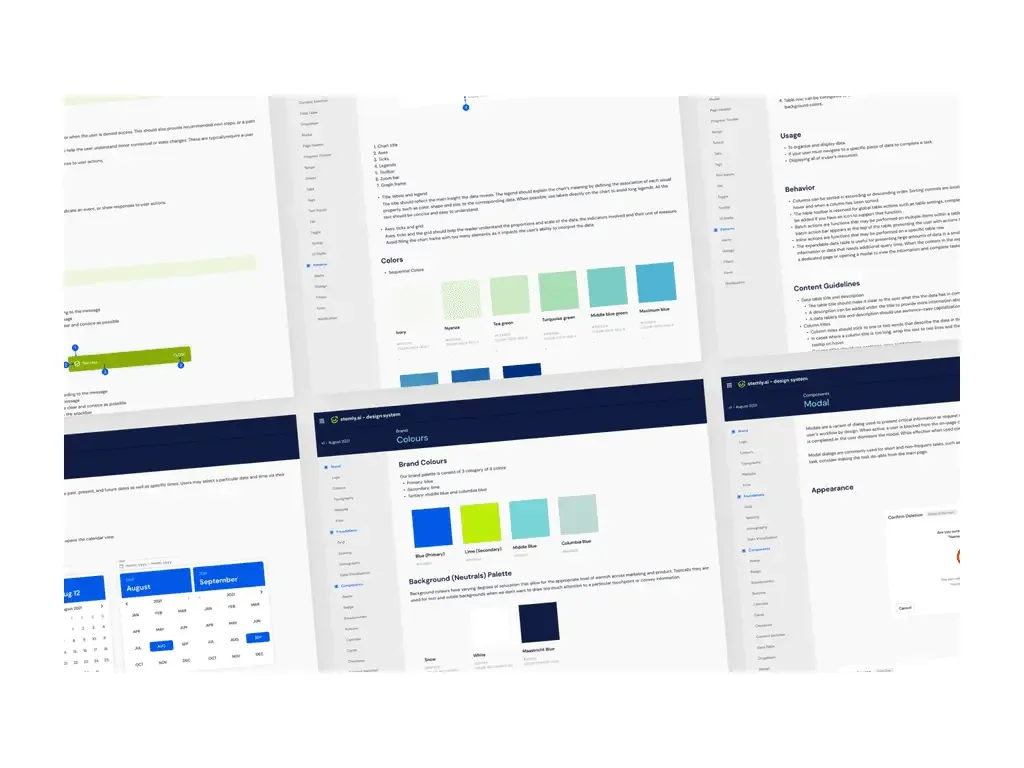 Stemly design system pages with colours, type and components