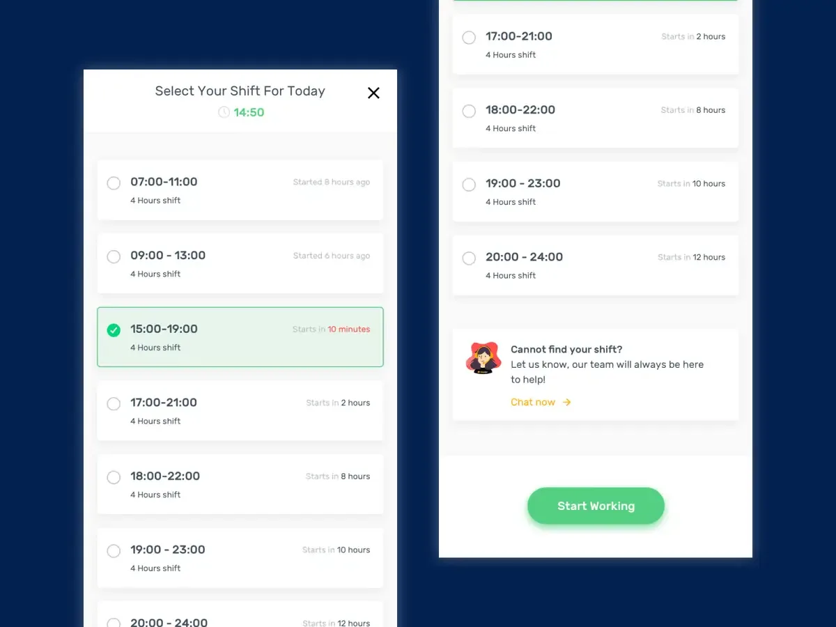 Mobile screen where a worker picks the shift before starting work