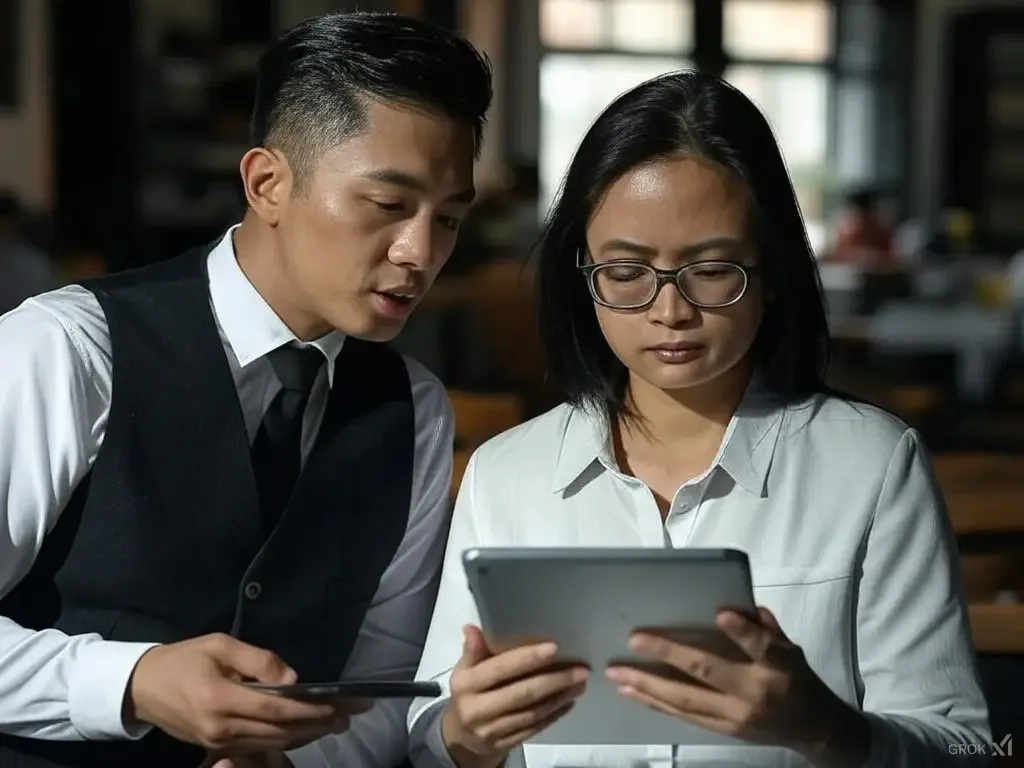 Two workers check a shift schedule on a tablet
